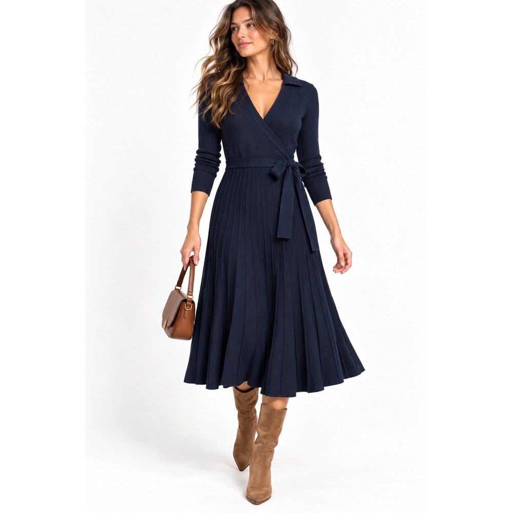 41 Hawthorn Luisa Surplice Neck Sweater Dress Navy Blue Wrap Midi Small NWT